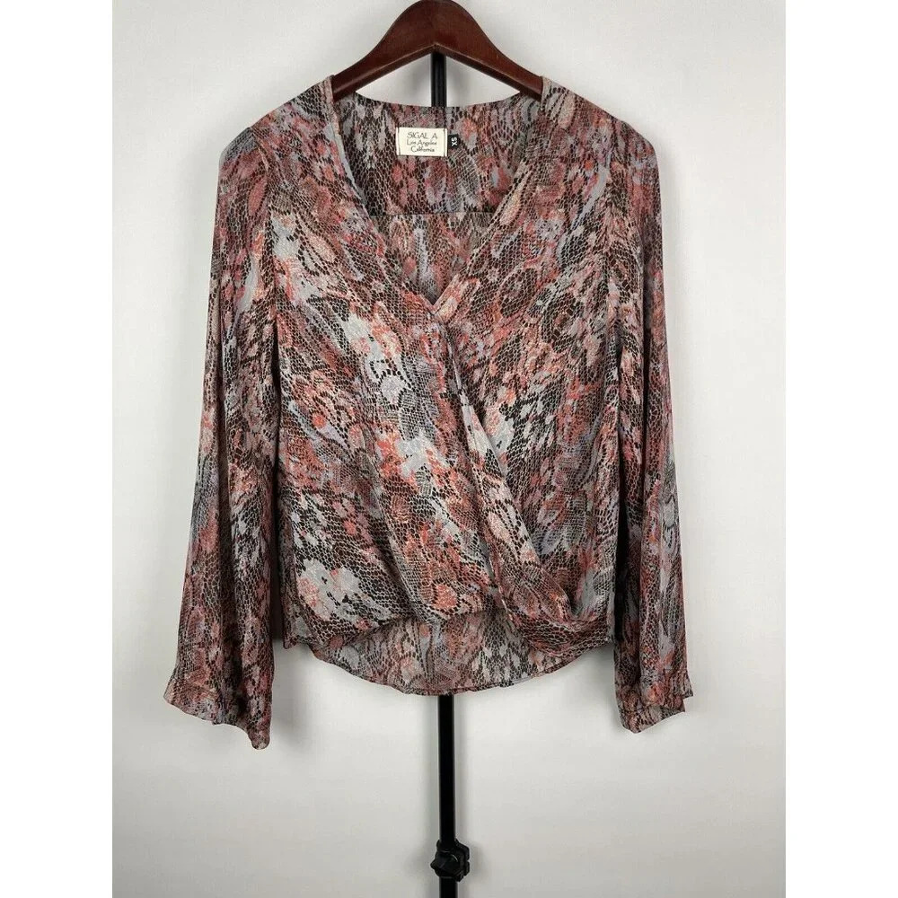Sigal A.‎ Multicolor Snake Print Sheer Crossover Long Sleeve 100% Silk Blouse XS